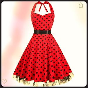 Retro 1950s Red & Black Polka Dotted Halter Dress